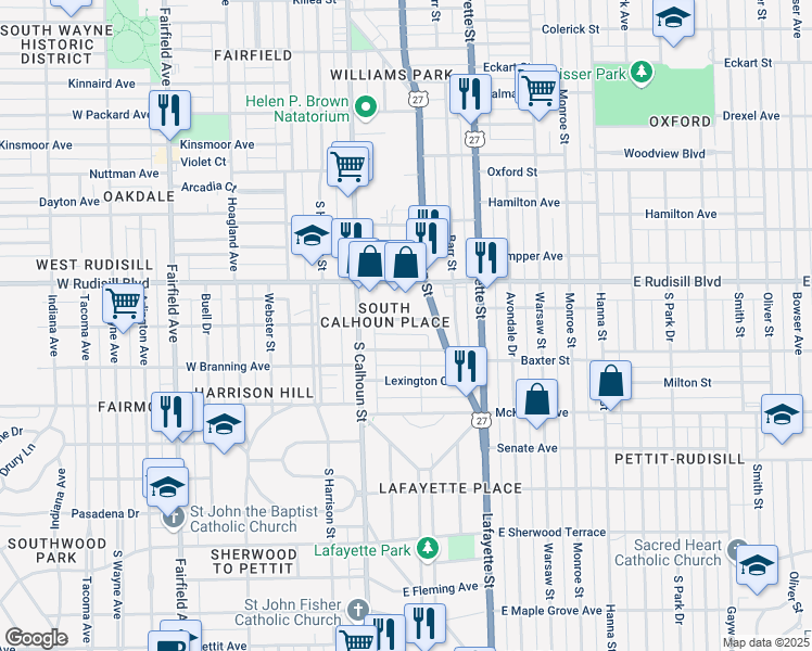 map of restaurants, bars, coffee shops, grocery stores, and more near 216 East Foster Parkway in Fort Wayne