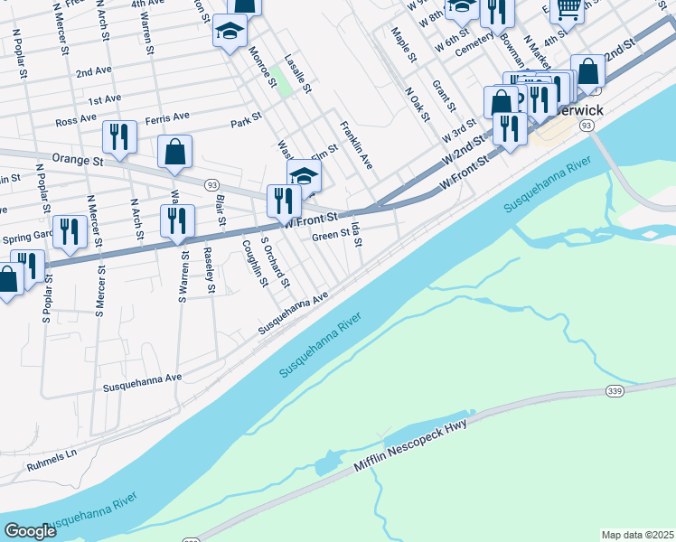 map of restaurants, bars, coffee shops, grocery stores, and more near 230230 Hughes St in Berwick