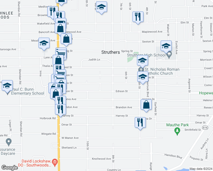 map of restaurants, bars, coffee shops, grocery stores, and more near 466 Como Street in Struthers