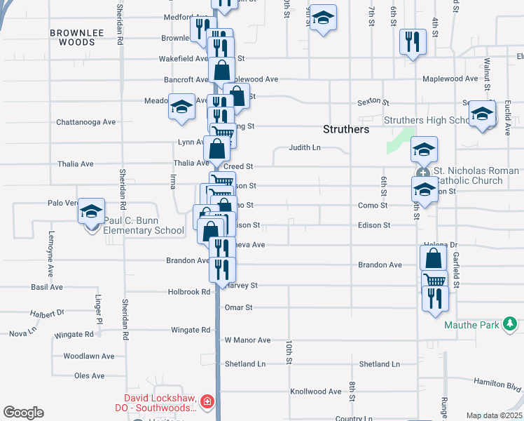 map of restaurants, bars, coffee shops, grocery stores, and more near 594 Como Street in Struthers