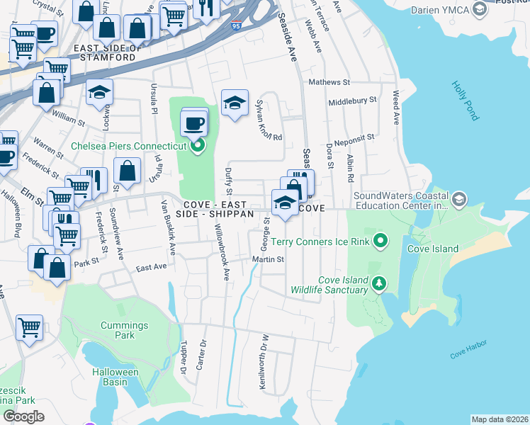 map of restaurants, bars, coffee shops, grocery stores, and more near 734 Cove Road in Stamford