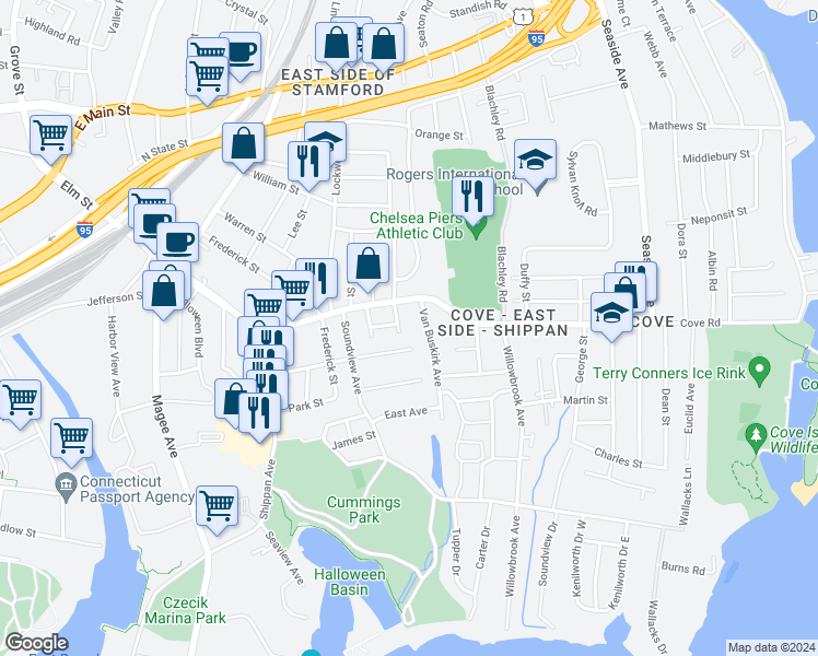 map of restaurants, bars, coffee shops, grocery stores, and more near 17 Van Buskirk Avenue in Stamford