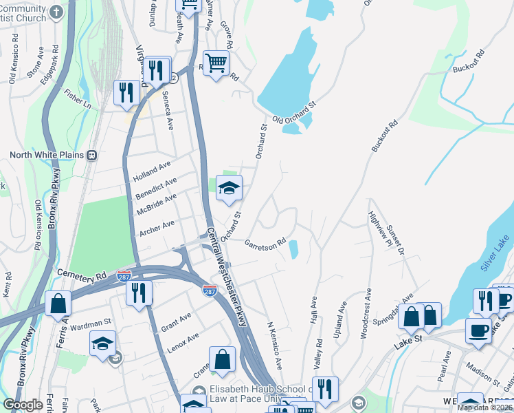 map of restaurants, bars, coffee shops, grocery stores, and more near 173 Orchard Street in White Plains