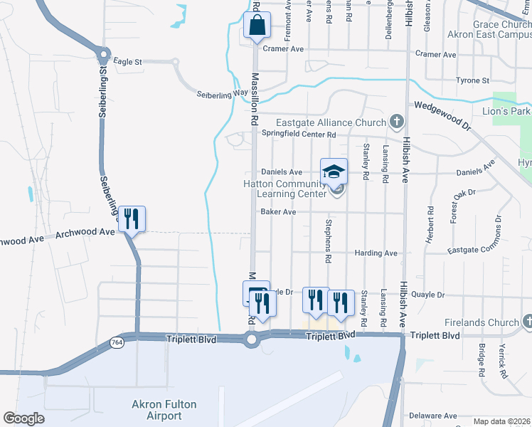 map of restaurants, bars, coffee shops, grocery stores, and more near 438 Baldwin Road in Akron