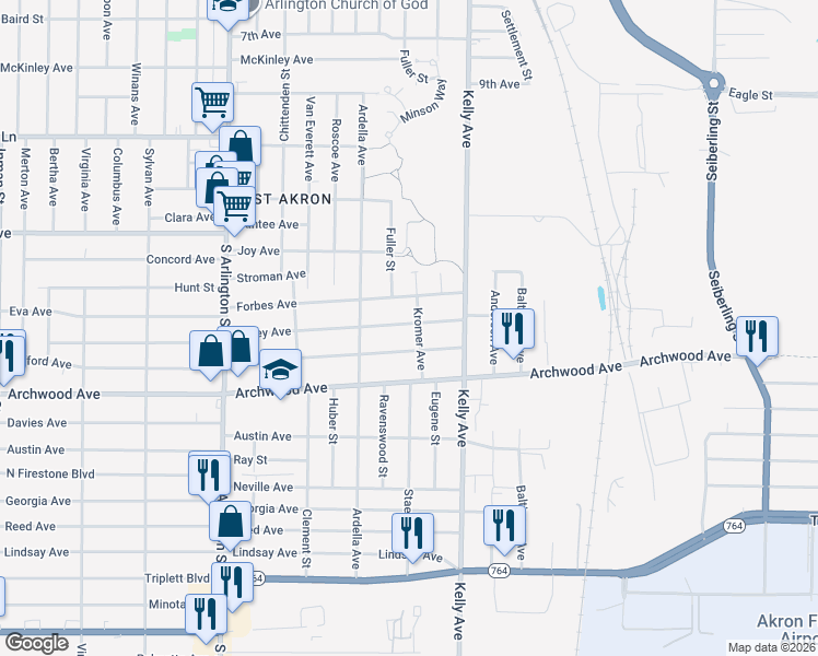 map of restaurants, bars, coffee shops, grocery stores, and more near 1191 Wyley Avenue in Akron