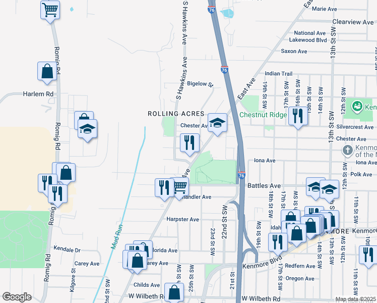 map of restaurants, bars, coffee shops, grocery stores, and more near 1207 Knox Avenue in Akron