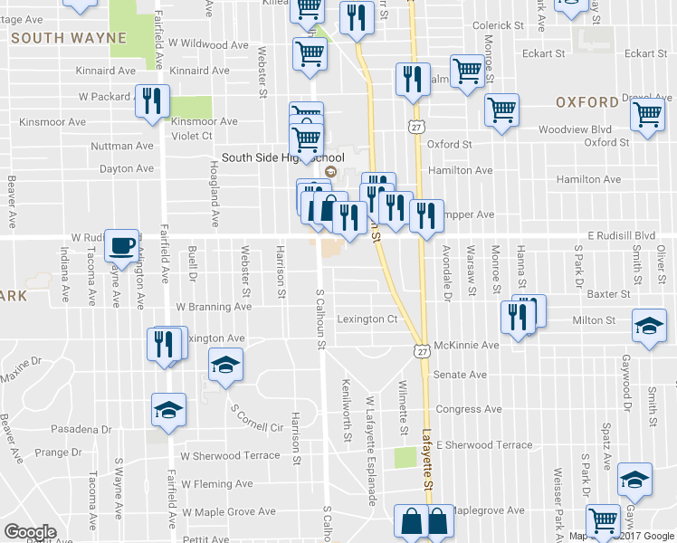 map of restaurants, bars, coffee shops, grocery stores, and more near 3931 South Calhoun Street in Fort Wayne