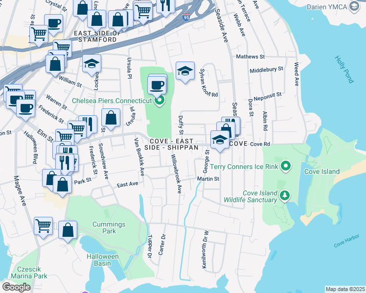 map of restaurants, bars, coffee shops, grocery stores, and more near 637 Cove Road in Stamford