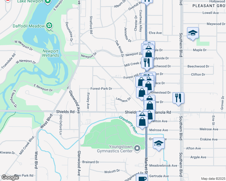 map of restaurants, bars, coffee shops, grocery stores, and more near 123 Forest-Park Drive in Youngstown