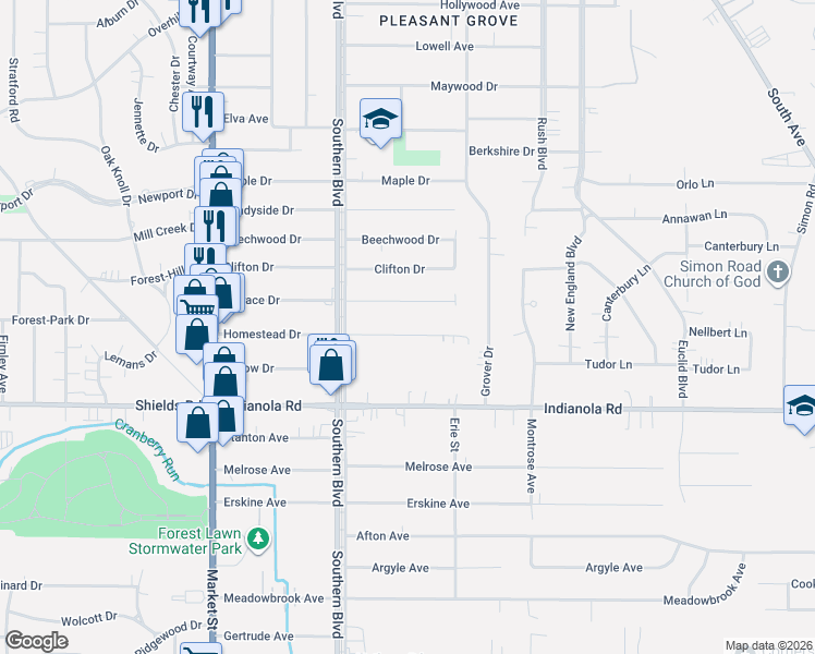 map of restaurants, bars, coffee shops, grocery stores, and more near 152 Homestead Drive in Youngstown