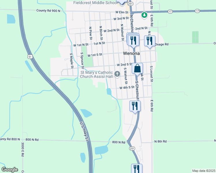 map of restaurants, bars, coffee shops, grocery stores, and more near 408 Linden Lane in Wenona