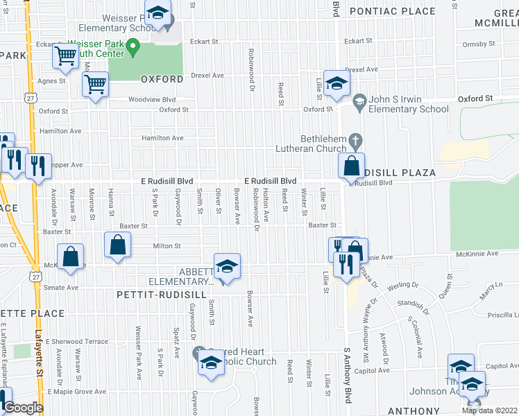 map of restaurants, bars, coffee shops, grocery stores, and more near 4009 Robinwood Drive in Fort Wayne