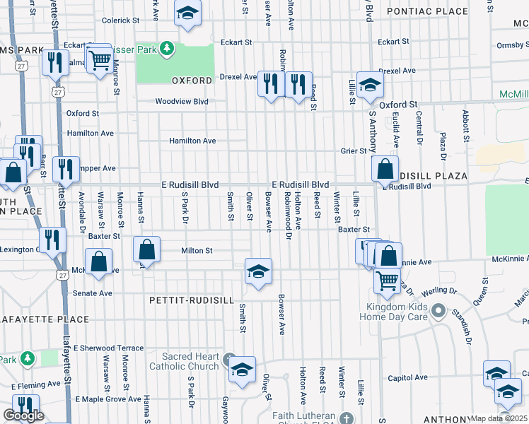 map of restaurants, bars, coffee shops, grocery stores, and more near 4012 Bowser Avenue in Fort Wayne
