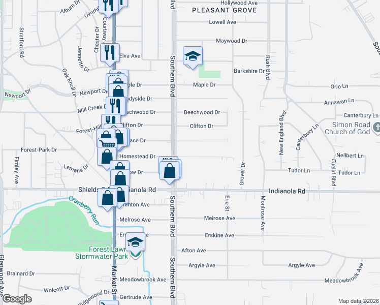 map of restaurants, bars, coffee shops, grocery stores, and more near 116 Homestead Drive in Youngstown