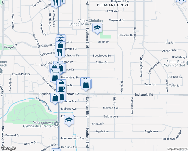 map of restaurants, bars, coffee shops, grocery stores, and more near 116 Homestead Drive in Youngstown