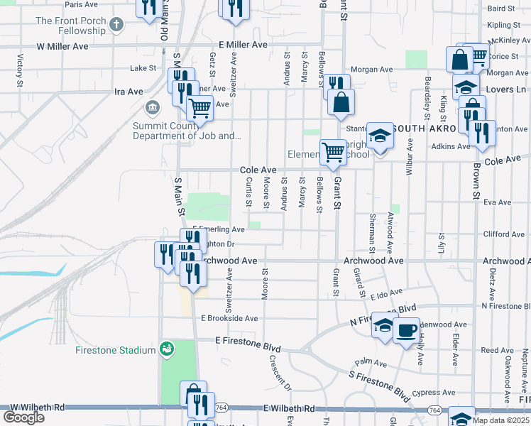 map of restaurants, bars, coffee shops, grocery stores, and more near 139 Leora Street in Akron