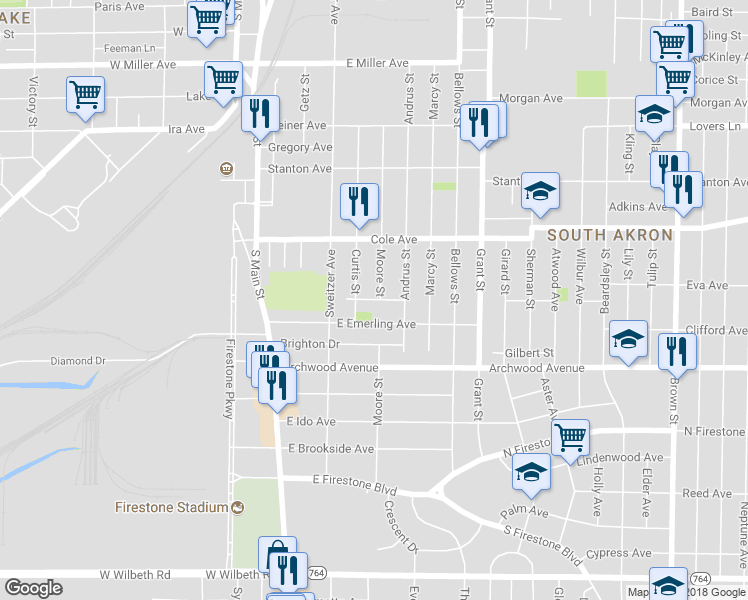 map of restaurants, bars, coffee shops, grocery stores, and more near Leora Street in Akron
