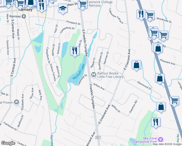map of restaurants, bars, coffee shops, grocery stores, and more near 276 South Franklin Turnpike in Ramsey