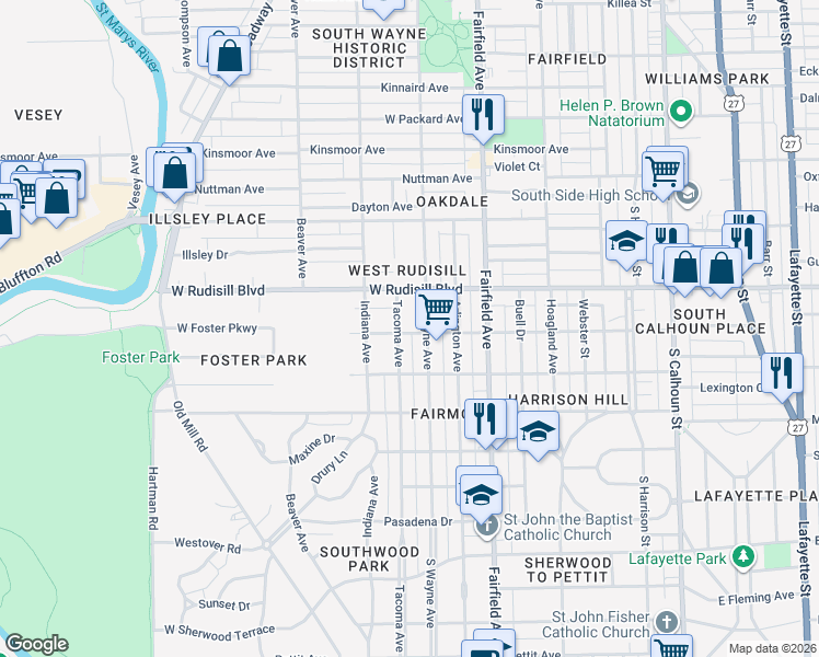 map of restaurants, bars, coffee shops, grocery stores, and more near 716 West Foster Parkway in Fort Wayne