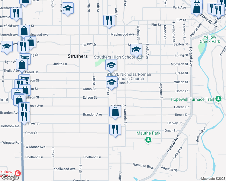 map of restaurants, bars, coffee shops, grocery stores, and more near 800 5th Street in Struthers