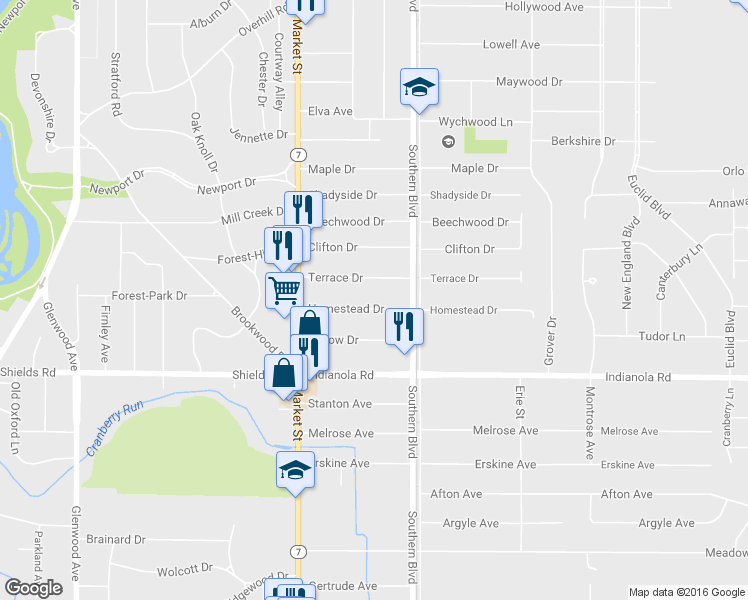 map of restaurants, bars, coffee shops, grocery stores, and more near 78 Homestead Drive in Youngstown
