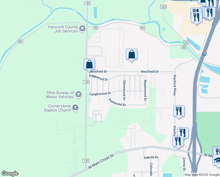 map of restaurants, bars, coffee shops, grocery stores, and more near 8161 Parkwood Drive in Findlay