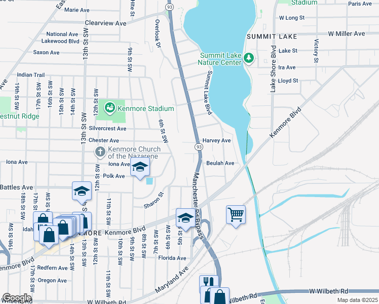 map of restaurants, bars, coffee shops, grocery stores, and more near 571 Lakeview Avenue in Akron