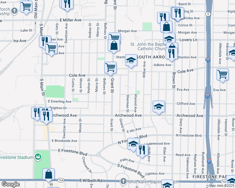 map of restaurants, bars, coffee shops, grocery stores, and more near 1252 Girard Street in Akron