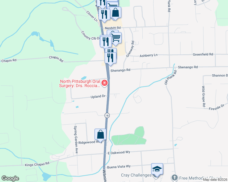 map of restaurants, bars, coffee shops, grocery stores, and more near 3128 Wilmington Road in Lawrence County