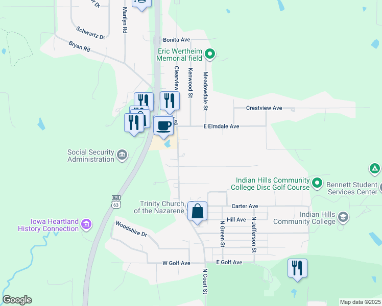 map of restaurants, bars, coffee shops, grocery stores, and more near 2420 North Court Street in Ottumwa