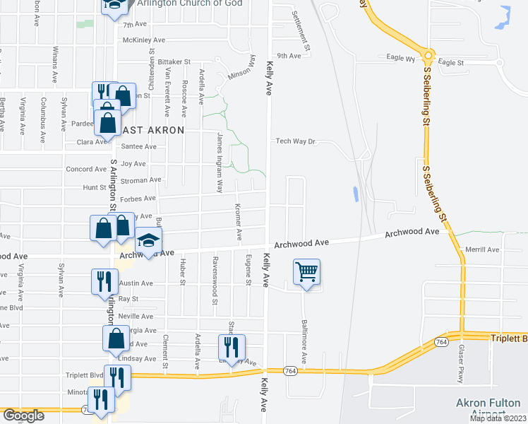 map of restaurants, bars, coffee shops, grocery stores, and more near 1254 Wyley Avenue in Akron