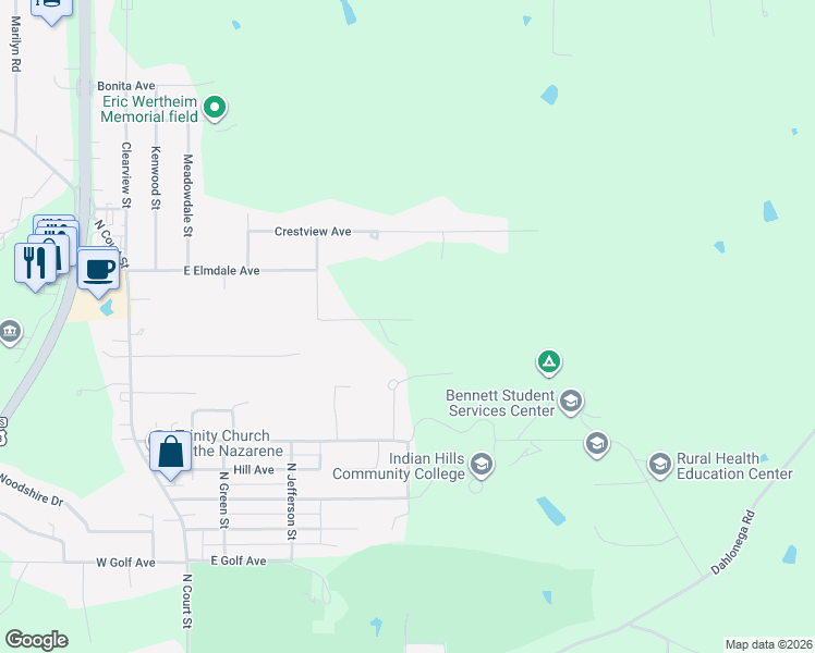 map of restaurants, bars, coffee shops, grocery stores, and more near 566 Indian Trail Road in Ottumwa