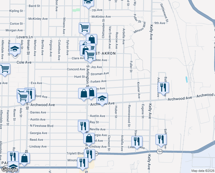 map of restaurants, bars, coffee shops, grocery stores, and more near 1093 Wyley Avenue in Akron