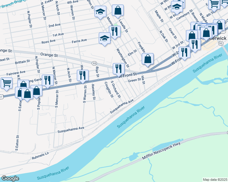 map of restaurants, bars, coffee shops, grocery stores, and more near 201 S Orchard St in Berwick