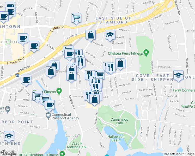 map of restaurants, bars, coffee shops, grocery stores, and more near 22 Cove Road in Stamford