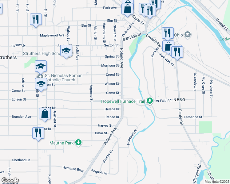 map of restaurants, bars, coffee shops, grocery stores, and more near 299 Poland Avenue in Struthers
