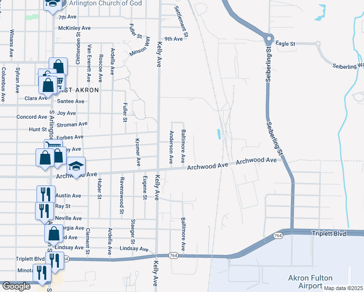 map of restaurants, bars, coffee shops, grocery stores, and more near 545 Anderson Avenue in Akron