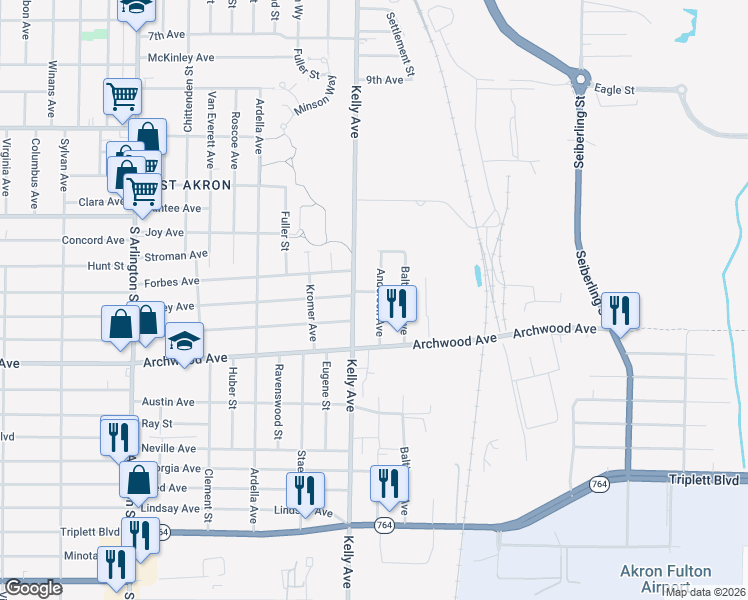 map of restaurants, bars, coffee shops, grocery stores, and more near in Akron