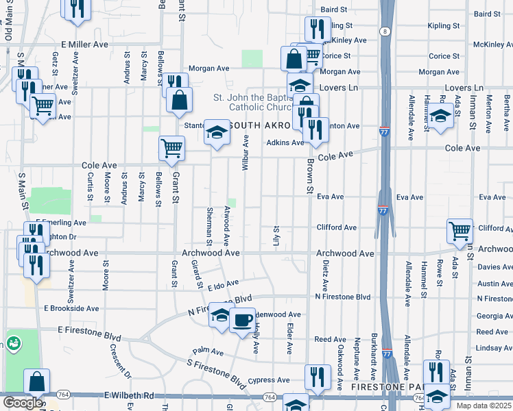 map of restaurants, bars, coffee shops, grocery stores, and more near 1213 Beardsley Street in Akron