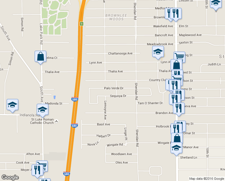 map of restaurants, bars, coffee shops, grocery stores, and more near 1785 Palo Verde Drive in Youngstown