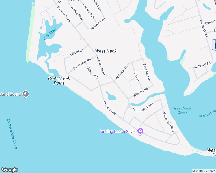 map of restaurants, bars, coffee shops, grocery stores, and more near 19 Petticoat Lane in Shelter Island