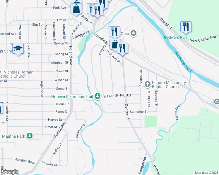 map of restaurants, bars, coffee shops, grocery stores, and more near 157 Ridgeway Street in Struthers