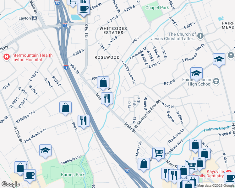 map of restaurants, bars, coffee shops, grocery stores, and more near 631 East Clearwater Drive North in Layton