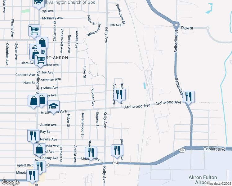 map of restaurants, bars, coffee shops, grocery stores, and more near 545 Anderson Avenue in Akron