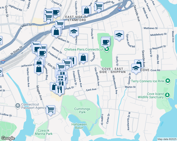 map of restaurants, bars, coffee shops, grocery stores, and more near 34 Saint Benedict Circle in Stamford