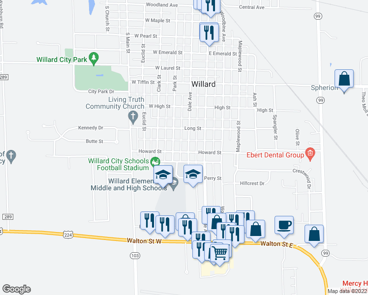 map of restaurants, bars, coffee shops, grocery stores, and more near 734 Dale Ave in Willard