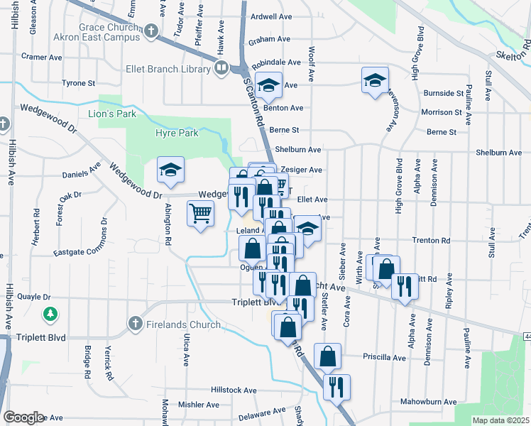 map of restaurants, bars, coffee shops, grocery stores, and more near 524 Canton Road in Akron
