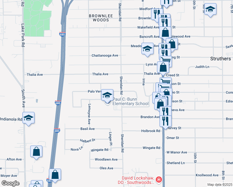map of restaurants, bars, coffee shops, grocery stores, and more near 1885 Palo Verde Drive in Youngstown