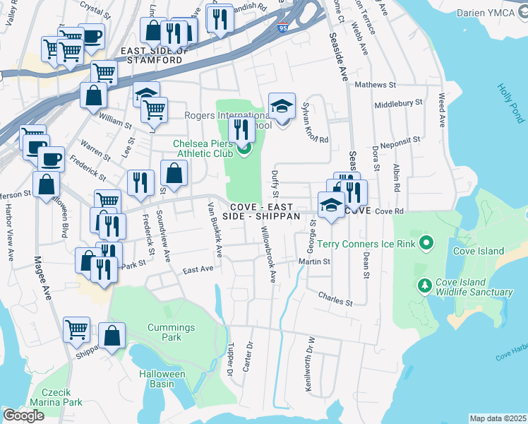 map of restaurants, bars, coffee shops, grocery stores, and more near 128 Blachley Road in Stamford
