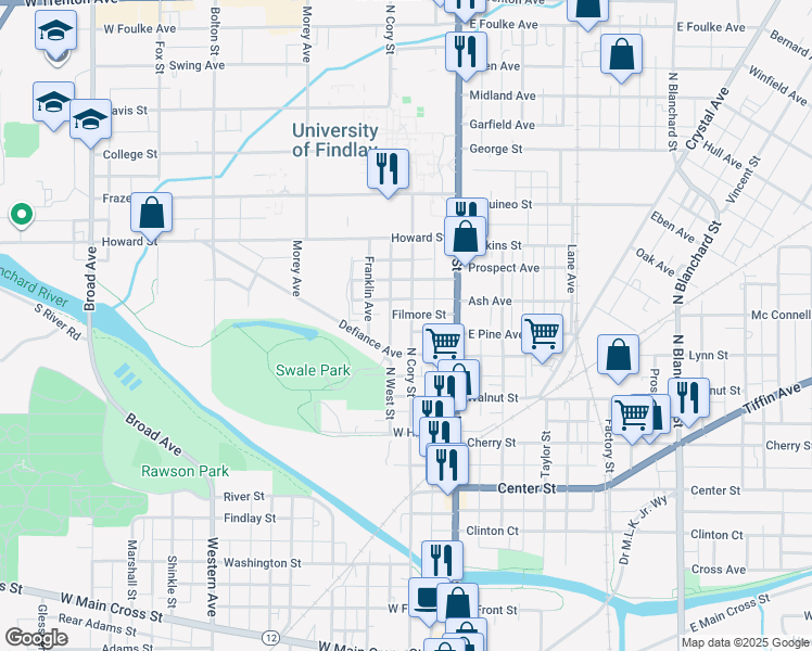 map of restaurants, bars, coffee shops, grocery stores, and more near 620 North Cory Street in Findlay